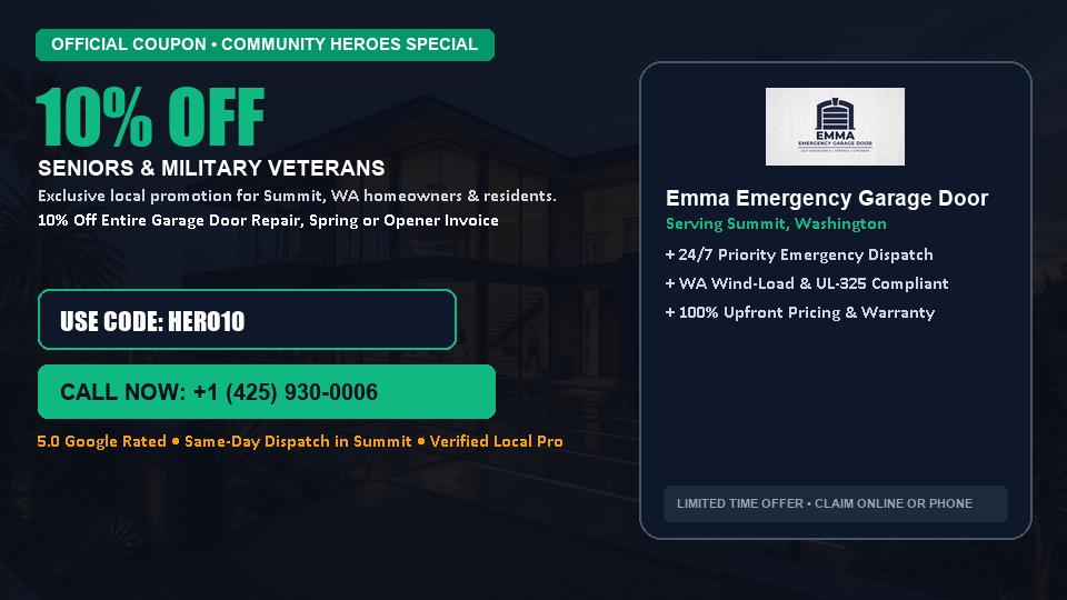 Emma Emergency Garage Door 10% OFF Seniors & Military Veterans in Summit, WA